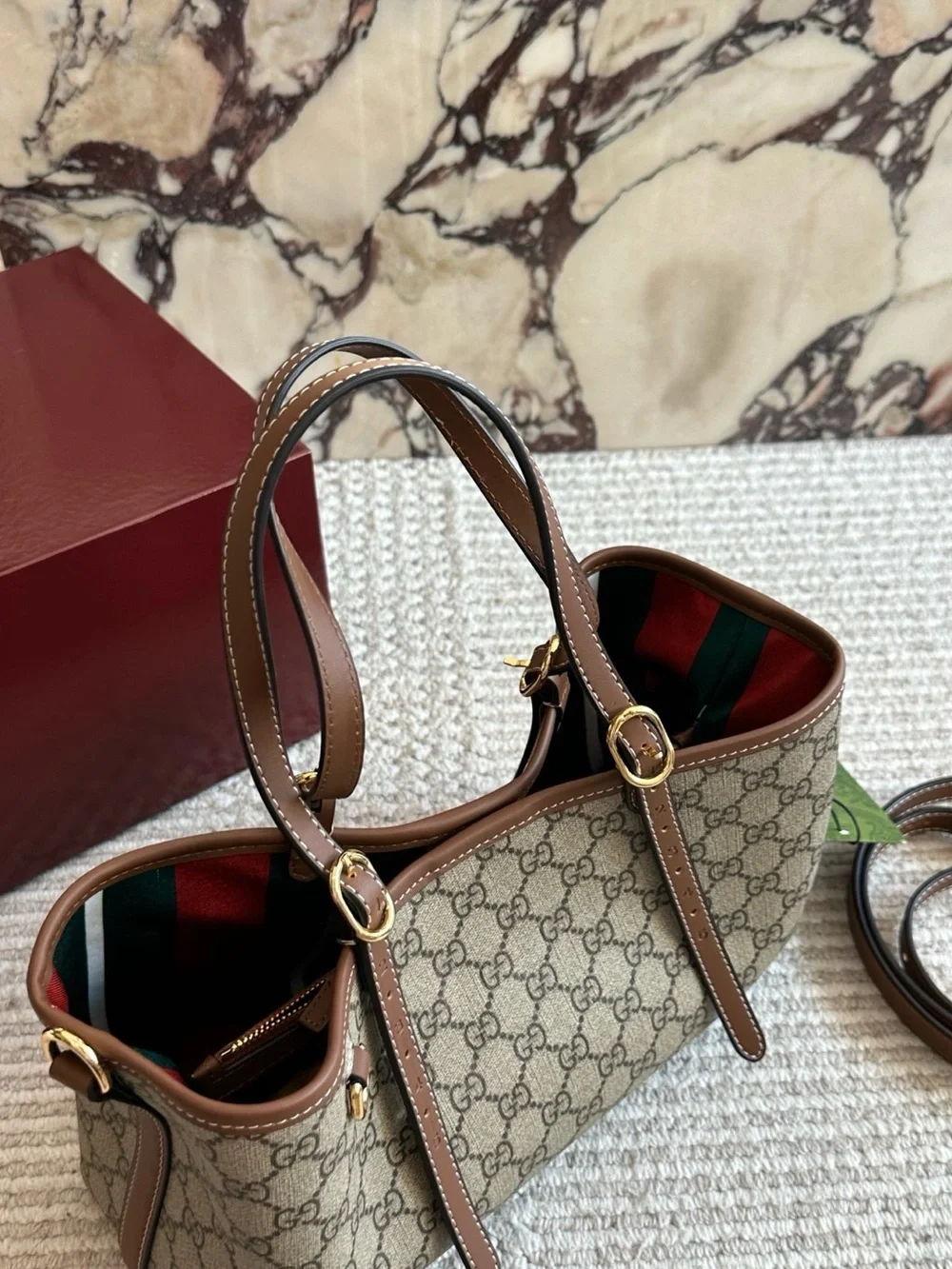 Gucci Beige GG Supreme Canvas Tote with Black Trim and Green-Red Webbing